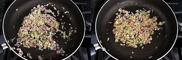 Collage of 2 images showing cooked onion.
