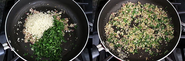 Collage of 2 images showing adding cilantro and bread crumbs and mixed.