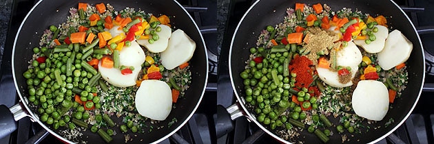 Collage of 2 images showing adding cooked veggies and spice powders.