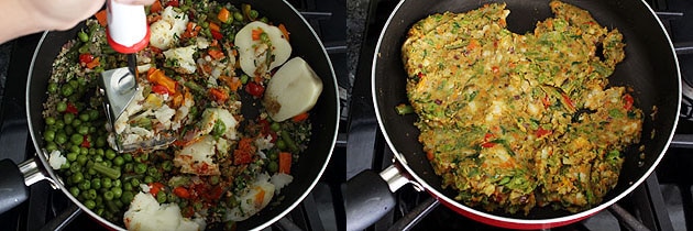 Collage of 2 images showing mashing veggies and mashed mixture.