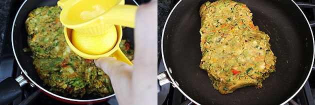 Collage of 2 images showing squeezing lemon juice and mixed.