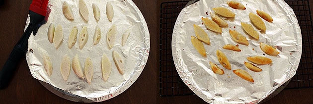 Collage of 2 images showing brushing with oil and baked idli.