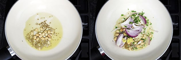 Collage of 2 images showing adding cumin seeds and onion.