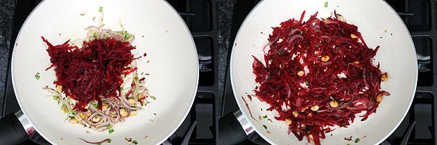 Collage of 2 images showing adding grated beetroot and mixed.
