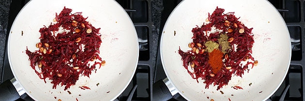 Collage of 2 images showing cooked beetroot and adding spices.