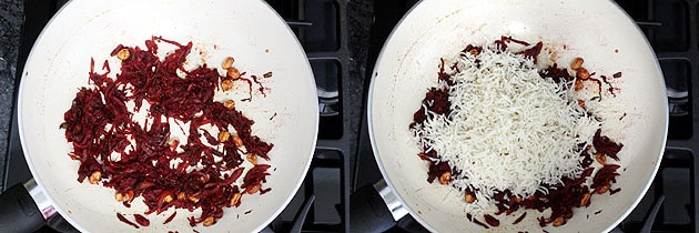 Collage of 2 images showing spices mixed and adding cooked rice.