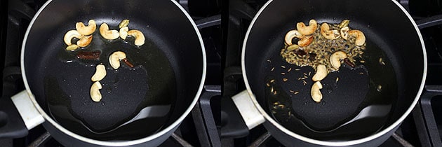 Collage of 2 images showing frying cashews and adding cumin seeds.