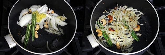 Collage of 2 images showing adding and cooking onion, ginger, garlic, green chili.