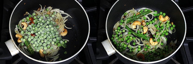 Collage of 2 images showing adding and mixing peas.