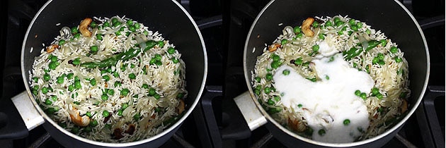 Collage of 2 images showing adding rice and coconut milk.