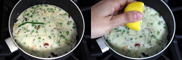 Collage of 2 images showing mixing and squeezing lemon juice.