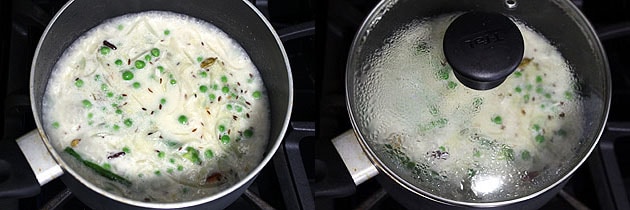 Collage of 2 images showing simmering mixture and covered with a lid.
