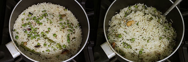 Collage of 2 images showing cooked rice and fluffed up with fork.