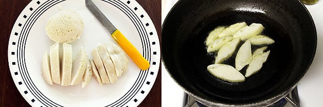 Collage of 2 images showing slicing idli and drying in to the oil.