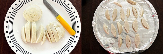 Collage of 2 images showing slicing idli and arranging on the baking tray.