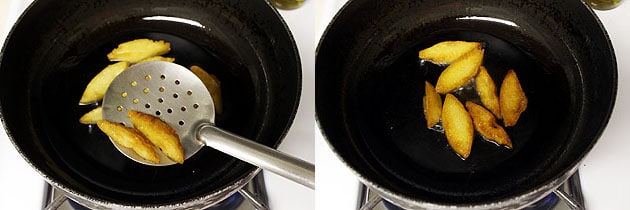 Collage of 2 images showing removing ready fried idli pieces and frying rest.