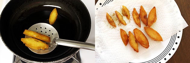 Collage of 2 images showing removing fried idli and placing on a plate.