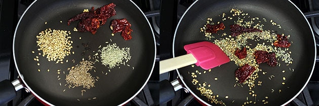 Collage of 2 images showing whole spices in a pan and roasting with stirring with spatula.