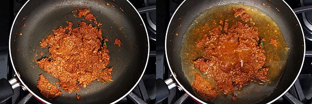 Collage of 2 images showing mixing masala and adding water.