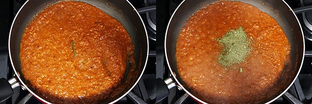 Collage of 2 images showing adding kasoori methi.