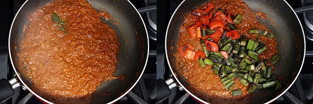 Collage of 2 images showing adding cooked okra and capsicum.