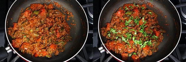 Collage of 2 images showing garnishing with cilantro.