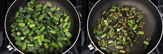 Collage of 2 images showing adding and cooking okra in a pan.