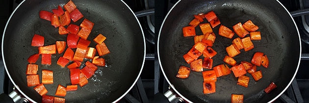 Collage of 2 images showing cooking red peppers.