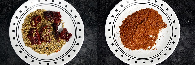 Collage of 2 images showing roasted spices in a plate and ground into powder.