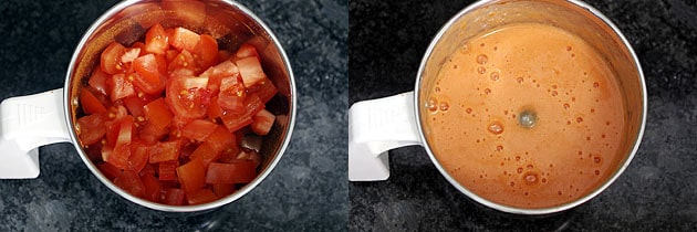 Collage of 2 images showing tomatoes in a grinder jar and puree.