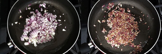 Collage of 2 images showing cooking onion.