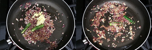 Collage of 2 images showing sauteing ginger, garlic and green chili.