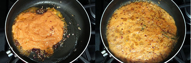 Collage of 2 images showing adding tomato puree and simmering.