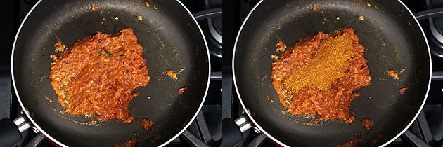 Collage of 2 images showing cooked puree and adding kadai masala.