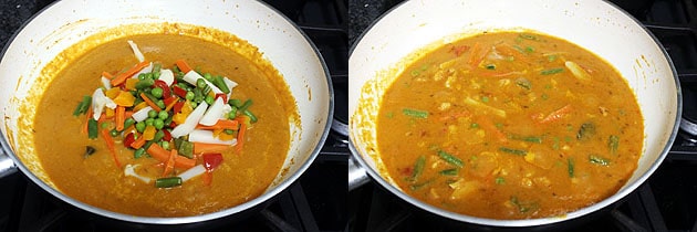 Collage of 2 images showing adding cooked vegetables and mixed.