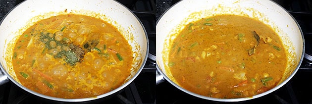 Collage of 2 images showing adding and mixing garam masala and kasoori methi.