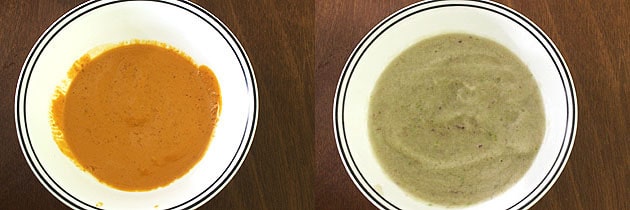 Collage of 2 images showing paste of cashew, chili and paste of onion.