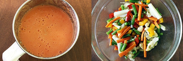 Collage of 2 images showing tomato puree and cooked veggies.