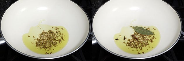 Collage of 2 images showing tempering cumin seeds and whole spices.