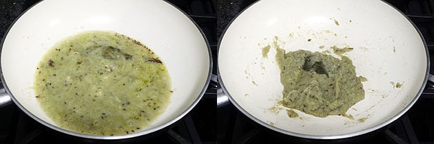 Collage of 2 images showing cooking onion paste.