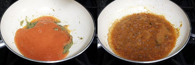 Collage of 2 images showing adding and mixing tomato puree.