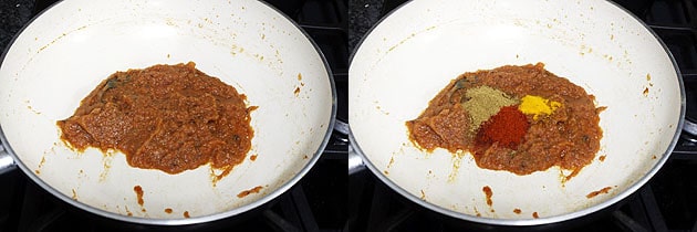 Collage of 2 images showing cooked mixture and adding spices.