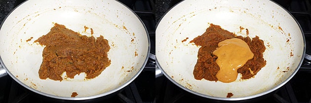 Collage of 2 images showing mixed spices and adding cashew-chili paste.