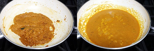 Collage of 2 images showing adding water and simmering gravy.