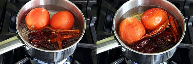 Collage of 2 images showing adding dried chilies and tomatoes in the water and cooked.