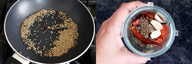 Collage of 2 images showing dry roasted cumin, peppers and added into the grinder along with chilies and garlic.