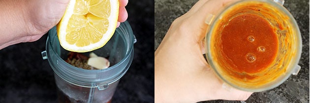 Collage of 2 images showing adding lemon juice and making paste.