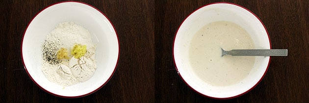 Collage of 2 images showing flour, salt, pepper, ginger garlic in a bowl and mixed.