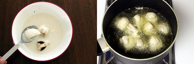 Collage of 2 images showing coating mushroom pieces in the batter and frying.