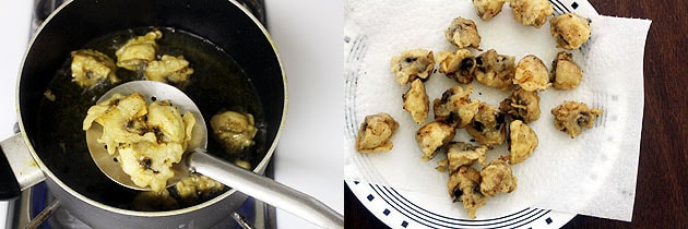 Collage of 2 images showing removing fried mushroom and placing on a plate.